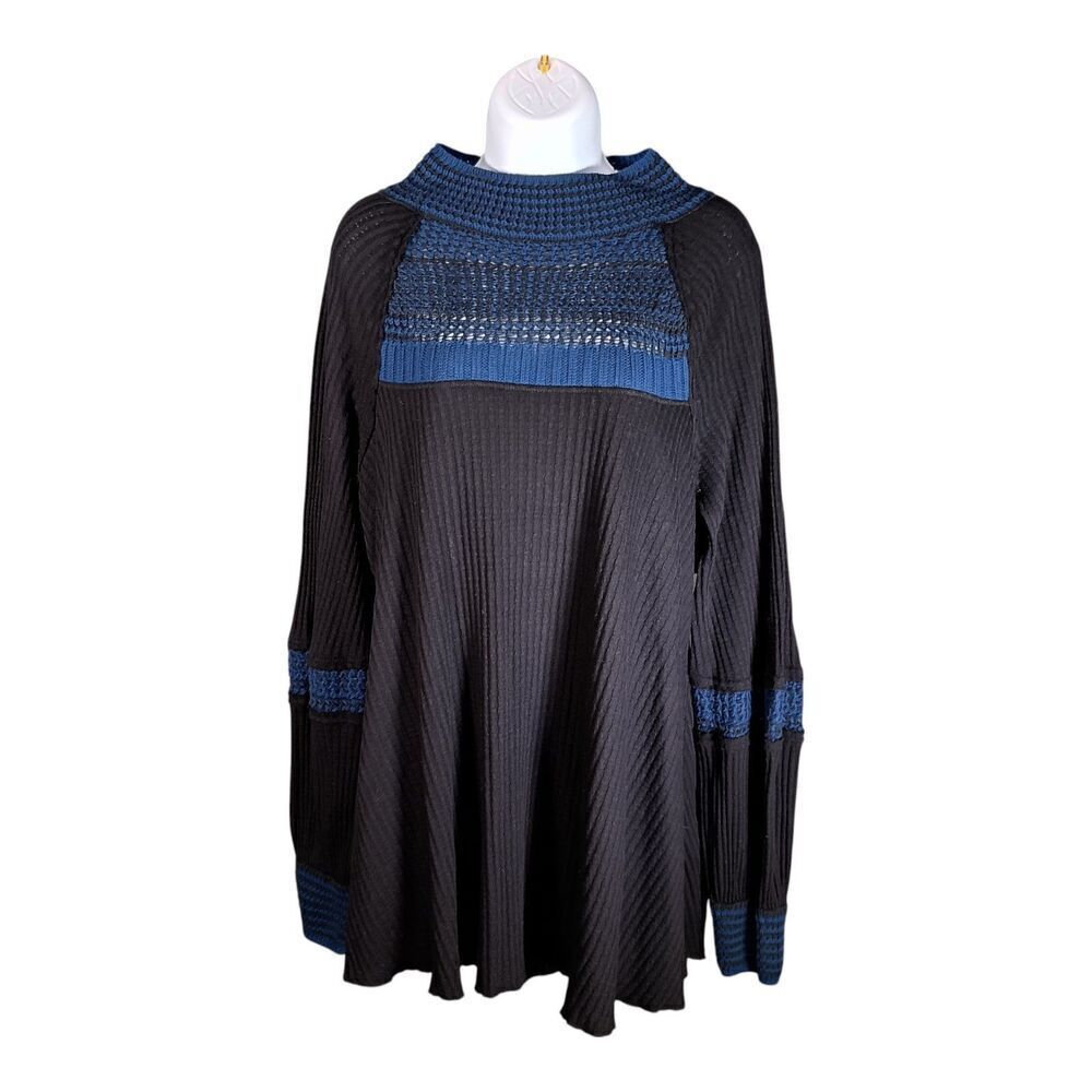 Free People Top L Womens Black Thermal Basic Pullover Casual Colorful Solid Fall
